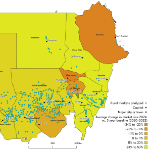 A map of sudan showing rural markets detected by satellite, and the changes in rural market size pre- to post-conflict.